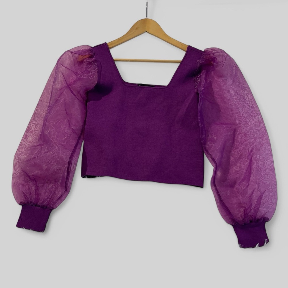 Anthropologie House Of Harlow Top Womens Small Sheer Puff Sleeve Cropped Purple